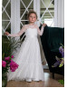 Long Sleeves Ivory Eyelash Lace Slit Back Flower Girl Dress